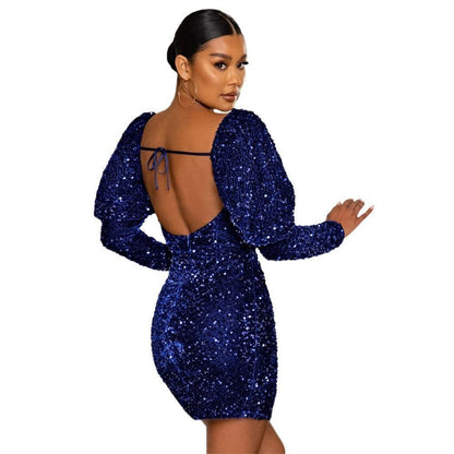 Sequined Backless Padded Shoulder Puff Sleeve Party Women's Dress - HEPSIBAH SHOP