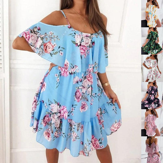 Flower Printed Ruffled Suspender Dress Summer Off-the-shoulder Strap Dresses Women - HEPSIBAH SHOP