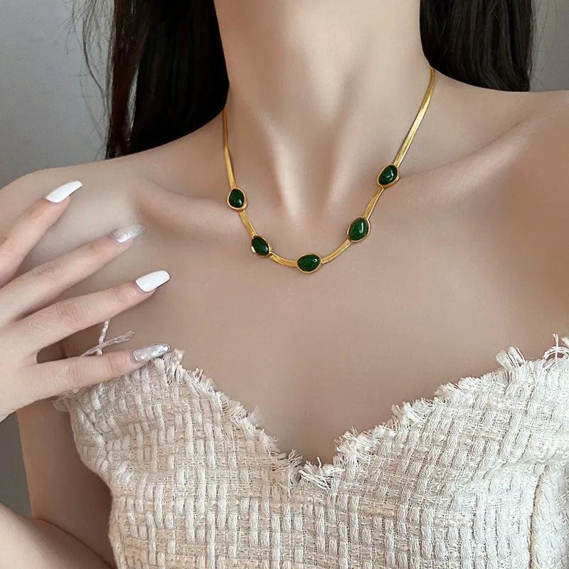 Fashion Jewelry Green Stone Crystal Snake Chain Necklace - HEPSIBAH SHOP