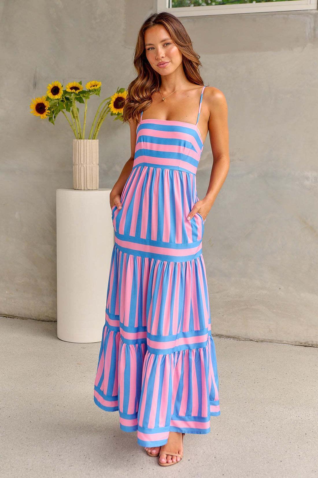 Summer Striped Printed Suspender Long Dress With Pockets Fashion Square Neck Backless Dresses For Beach Vacation Women Clothing - HEPSIBAH SHOP