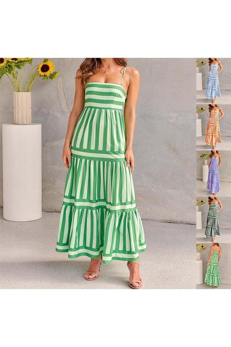 Summer Striped Printed Suspender Long Dress With Pockets Fashion Square Neck Backless Dresses For Beach Vacation Women Clothing - HEPSIBAH SHOP