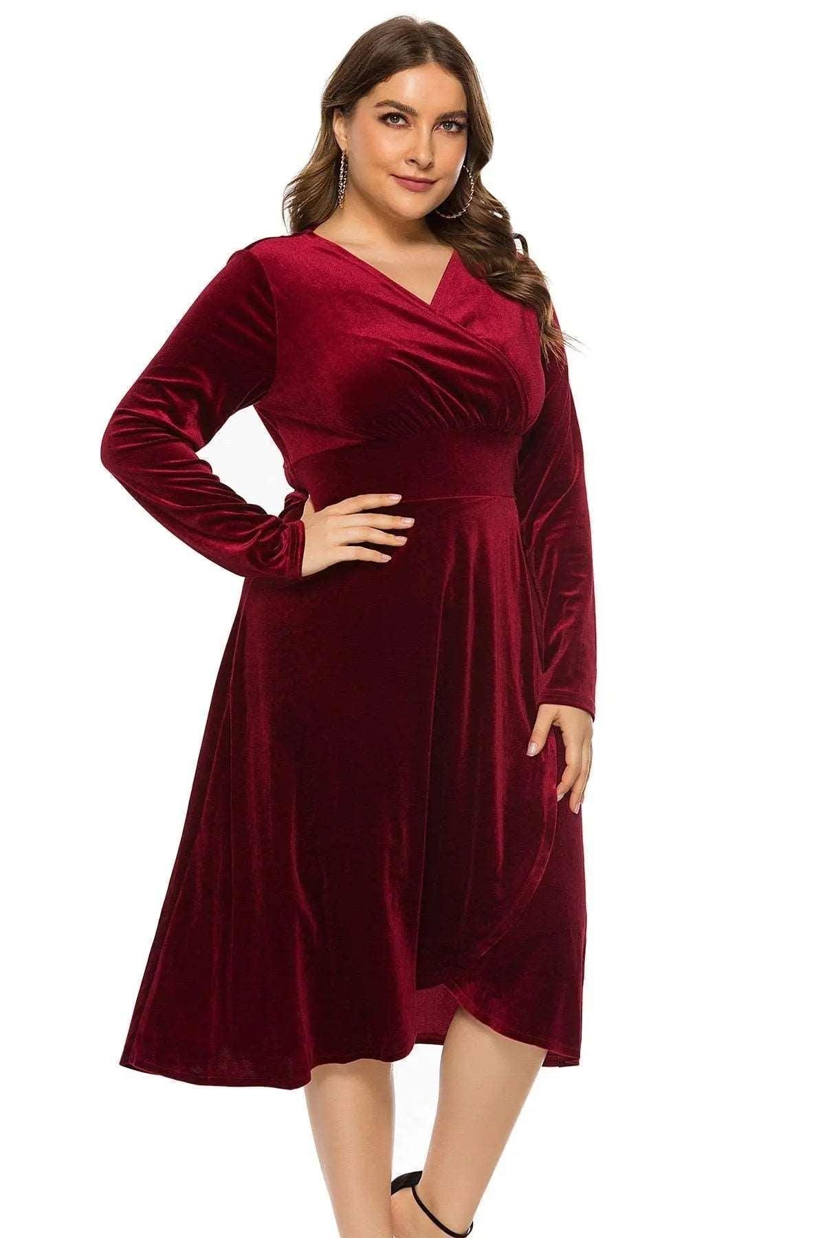 Women's Velvet Midi Dress Mid-Calf V-Neck - HEPSIBAH SHOP