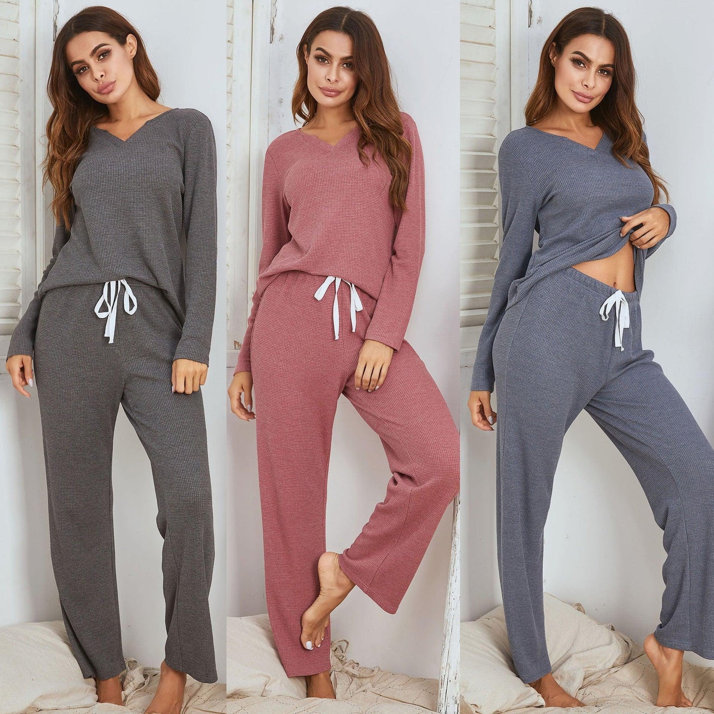 Waffle Long Sleeve Long Pajamas Women's Suit