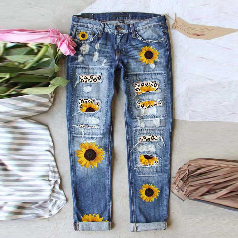 Jeans Ladies Vintage Print Sunflower - HEPSIBAH SHOP