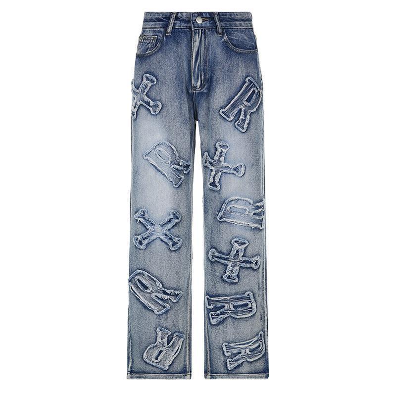 Personalized Letter Patch Straight Jeans Street - HEPSIBAH SHOP