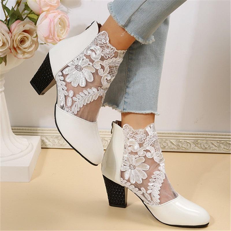 Women's Lace Mesh Chunky Heel Sandals - HEPSIBAH SHOP