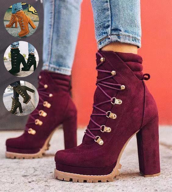 Heeled Boots For Women Round Toe Lace Up - HEPSIBAH SHOP