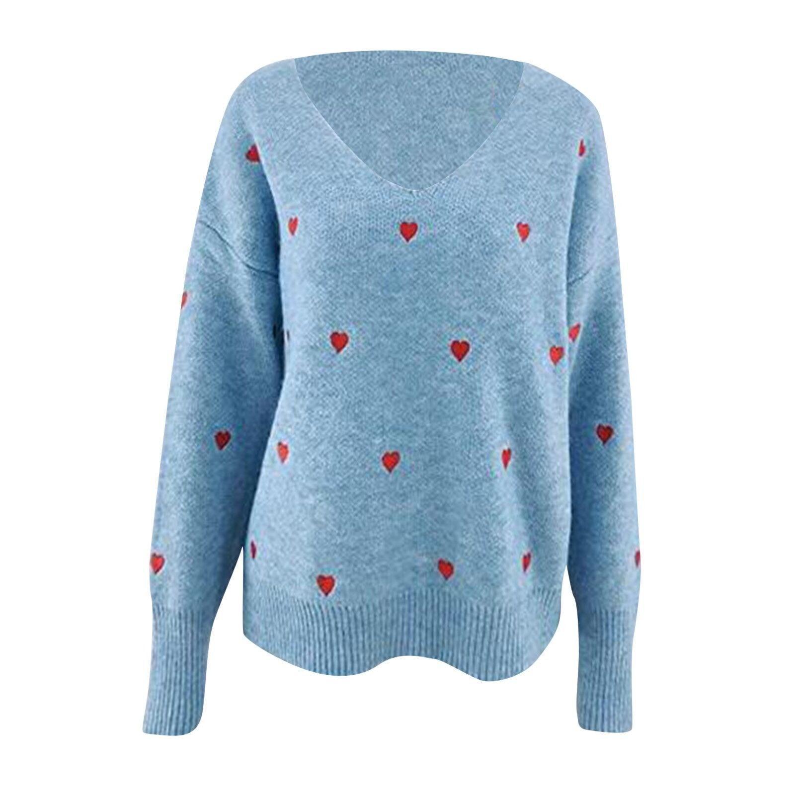 Heart Printed Pullovers Long Sleeve V Neck Sweater Tops - HEPSIBAH SHOP