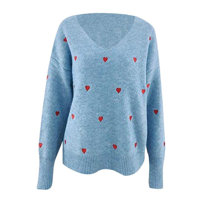 Heart Printed Pullovers Long Sleeve V Neck Sweater Tops - HEPSIBAH SHOP