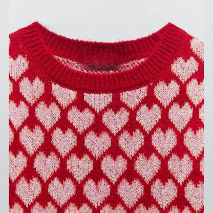 Sweet Red Heart-shaped Round Neck Sweater - HEPSIBAH SHOP