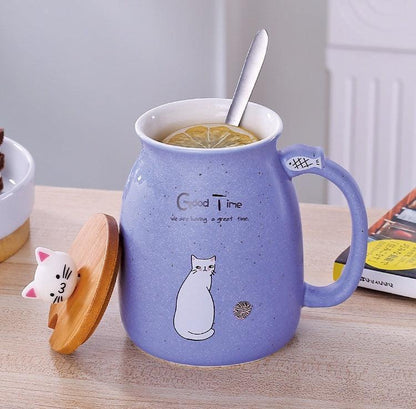 450ml Cartoon Ceramics Cat Mug With Lid and Spoon Coffee Milk Tea Mugs Breakfast Cup Drinkware Novelty Gifts