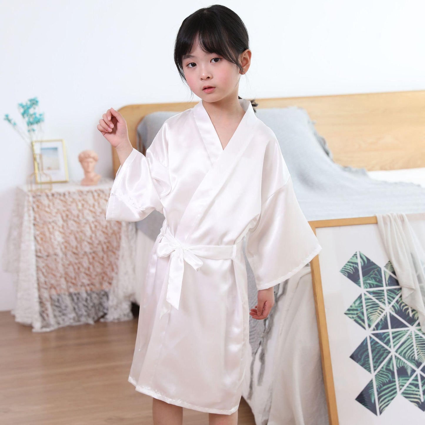 Children's Solid Color Dressing Gown Silk Nightgown Skirt Satin Bathrobe Long Cardigan Kimono - HEPSIBAH SHOP