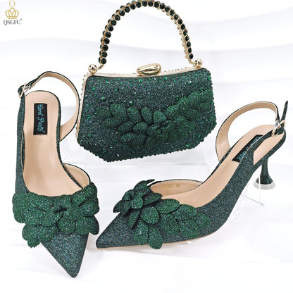 Cross-border Ladies Party Shoes Bag Set Handmade Leaf Decorative Wine Glass Heel - HEPSIBAH SHOP