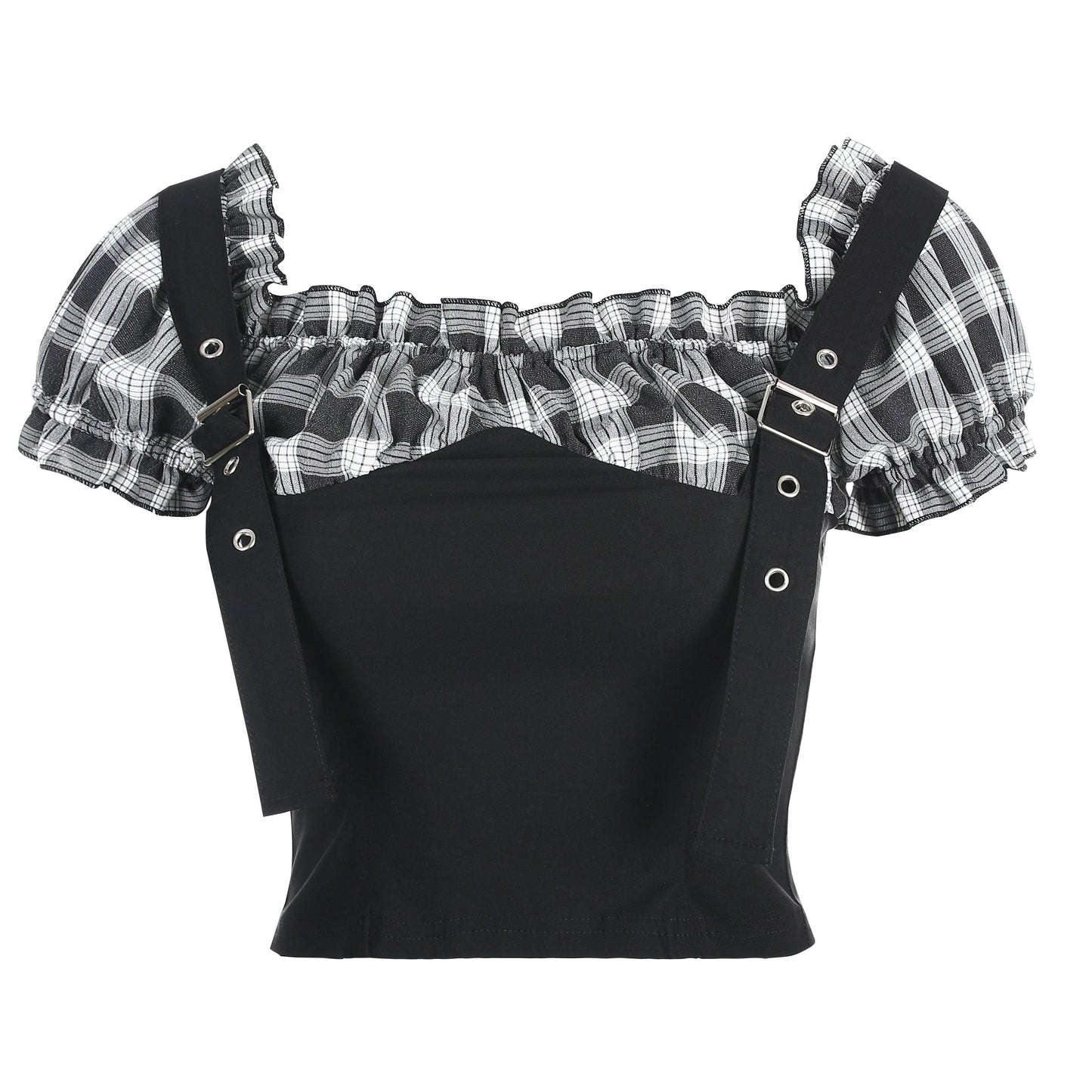 Plaid stitching shoulder straps top - HEPSIBAH SHOP