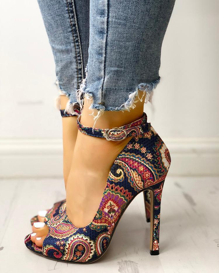 Printed toe buckle high heels - HEPSIBAH SHOP