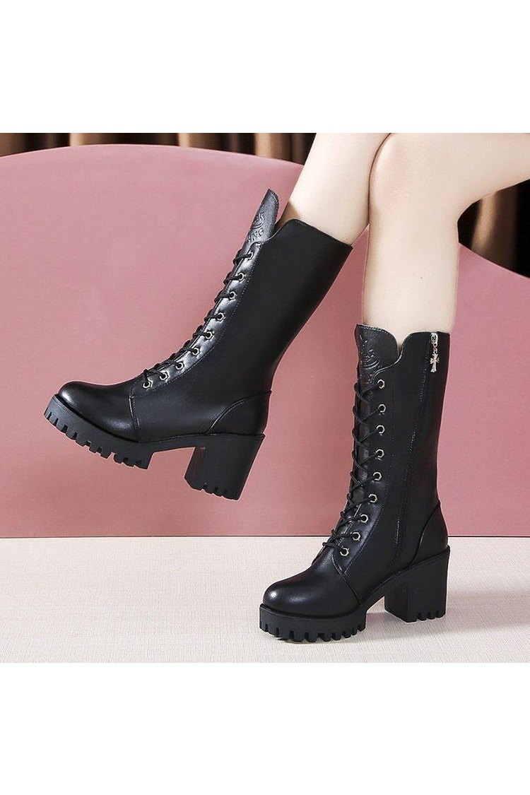 Cross Strap High Heel Short Plush Wedge Round Head Middle Boots - HEPSIBAH SHOP