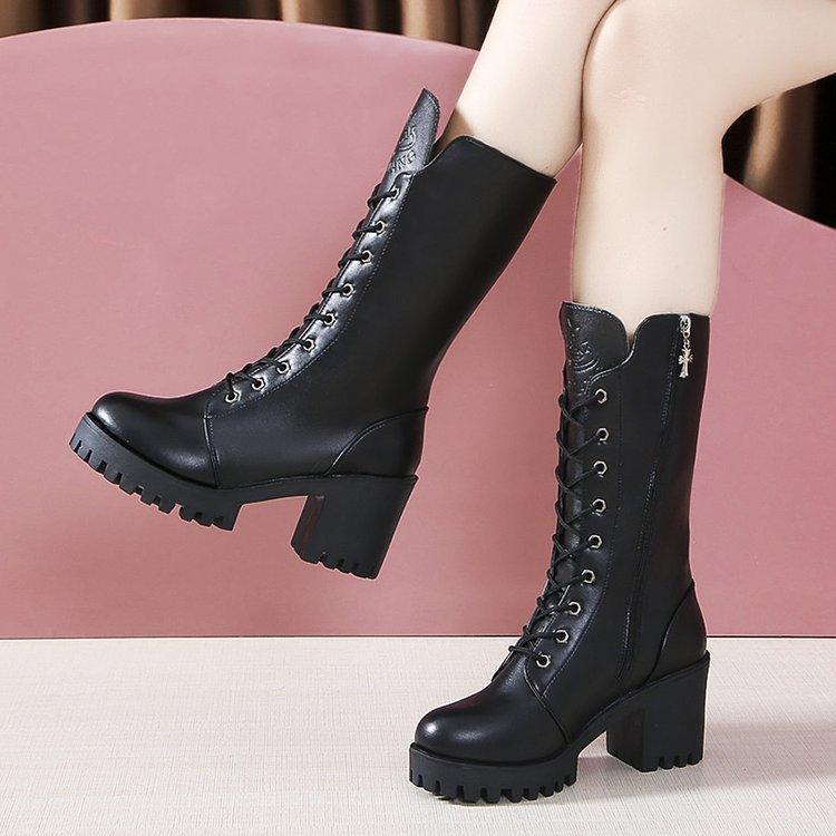 Cross Strap High Heel Short Plush Wedge Round Head Middle Boots - HEPSIBAH SHOP