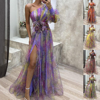 Mesh Tie-dye Printed Off-shoulder Slit Dress Summer INS Fashion Long Dress Party Womens Clothing - HEPSIBAH SHOP