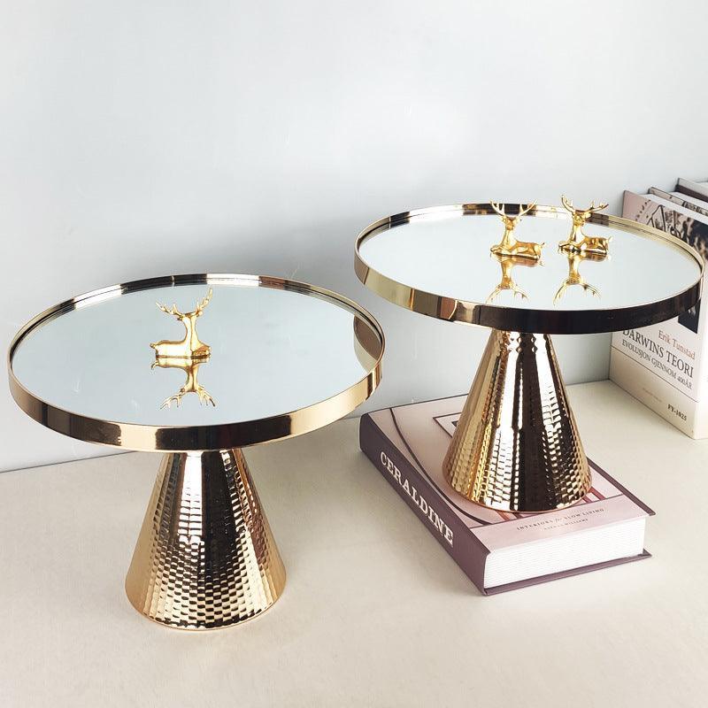 European Style Golden Cake Stand Glass Mirror Tray