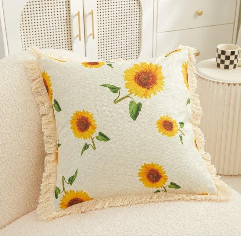 Tassel Sunflower Linen Printed Pillowcase Home Bedroom Bedside Soft Upholstery Pillow Home Couch