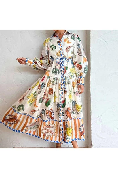 Elegant Lantern Sleeve Printed Long Lapel And Waist Tight Long Sleeve Dress - HEPSIBAH SHOP