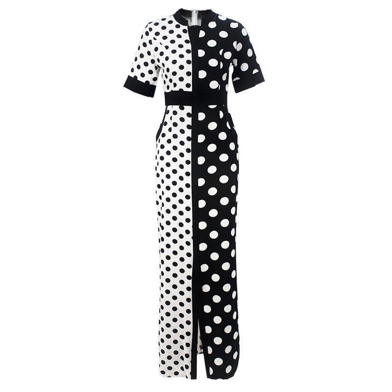 Women's Waist Waist Black And White Polka Dot Stitching Slimming Dress - HEPSIBAH SHOP