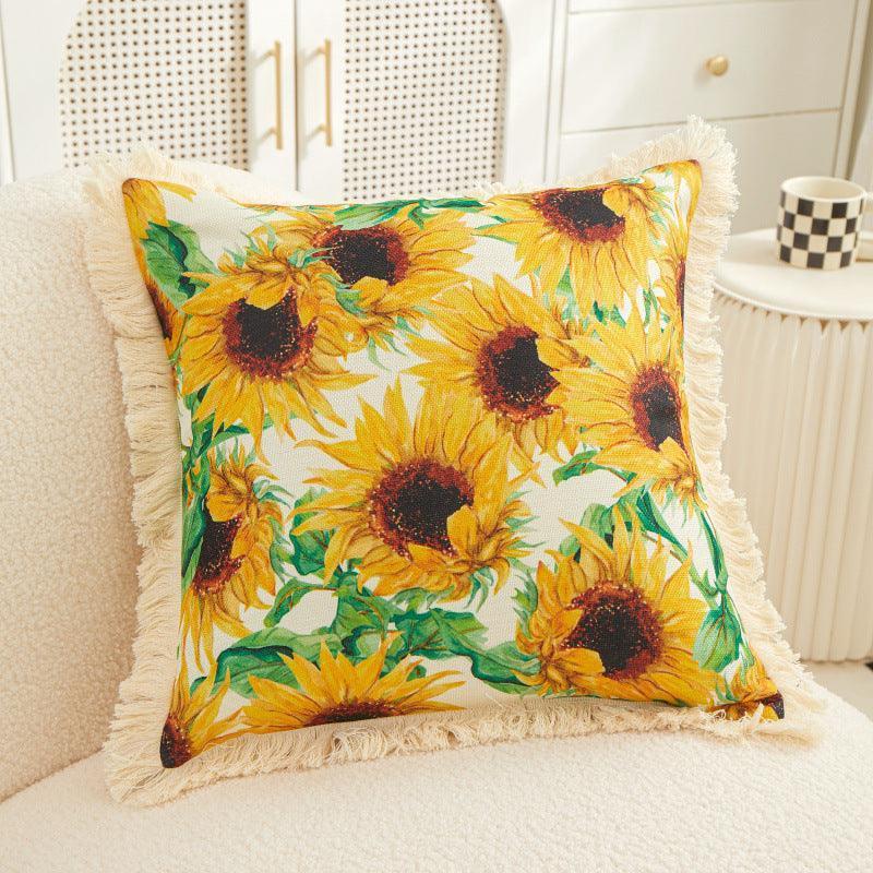 Tassel Sunflower Linen Printed Pillowcase Home Bedroom Bedside Soft Upholstery Pillow Home Couch