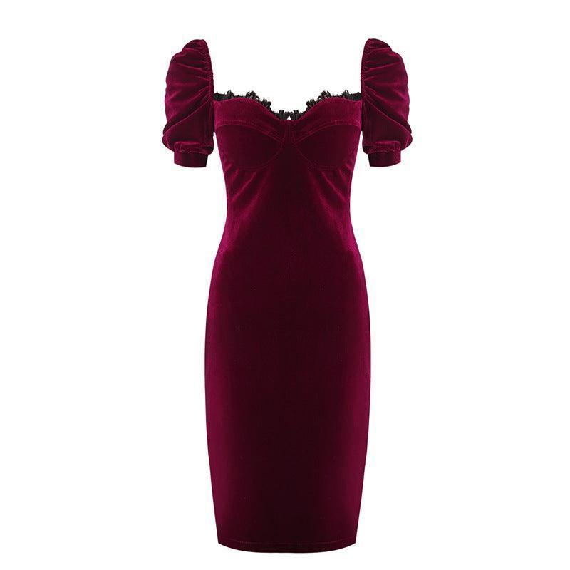 Elegant Velvet Lace Burgundy Annual Meeting Burgundy Dress - HEPSIBAH SHOP