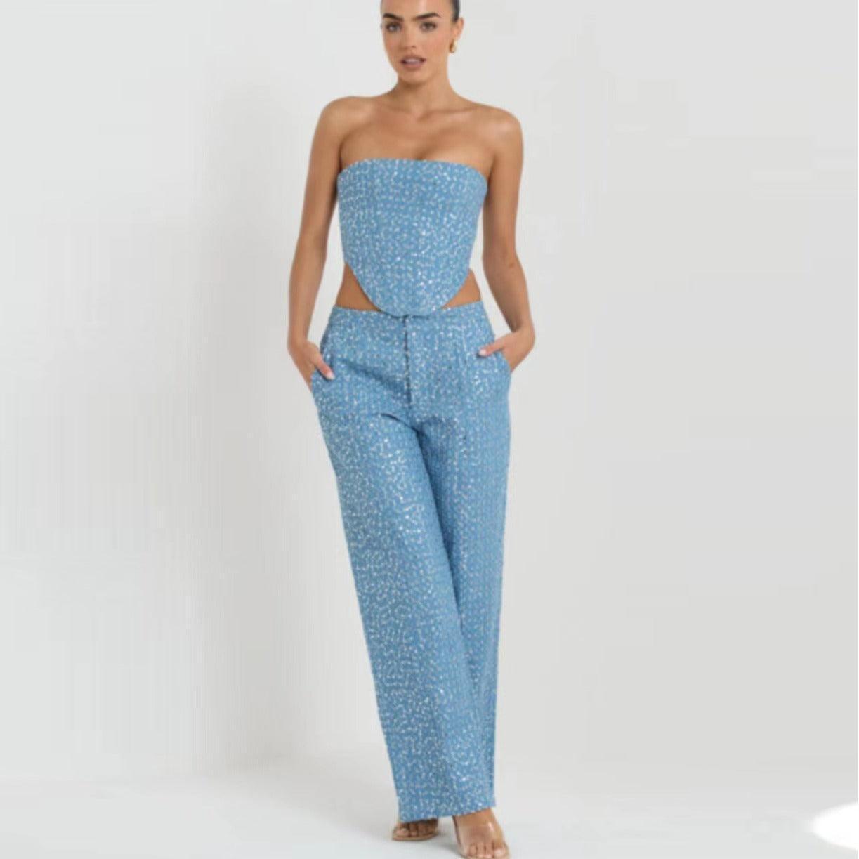 Fashion Denim Sequined Tube Top Wide Leg Pants Suit - HEPSIBAH SHOP