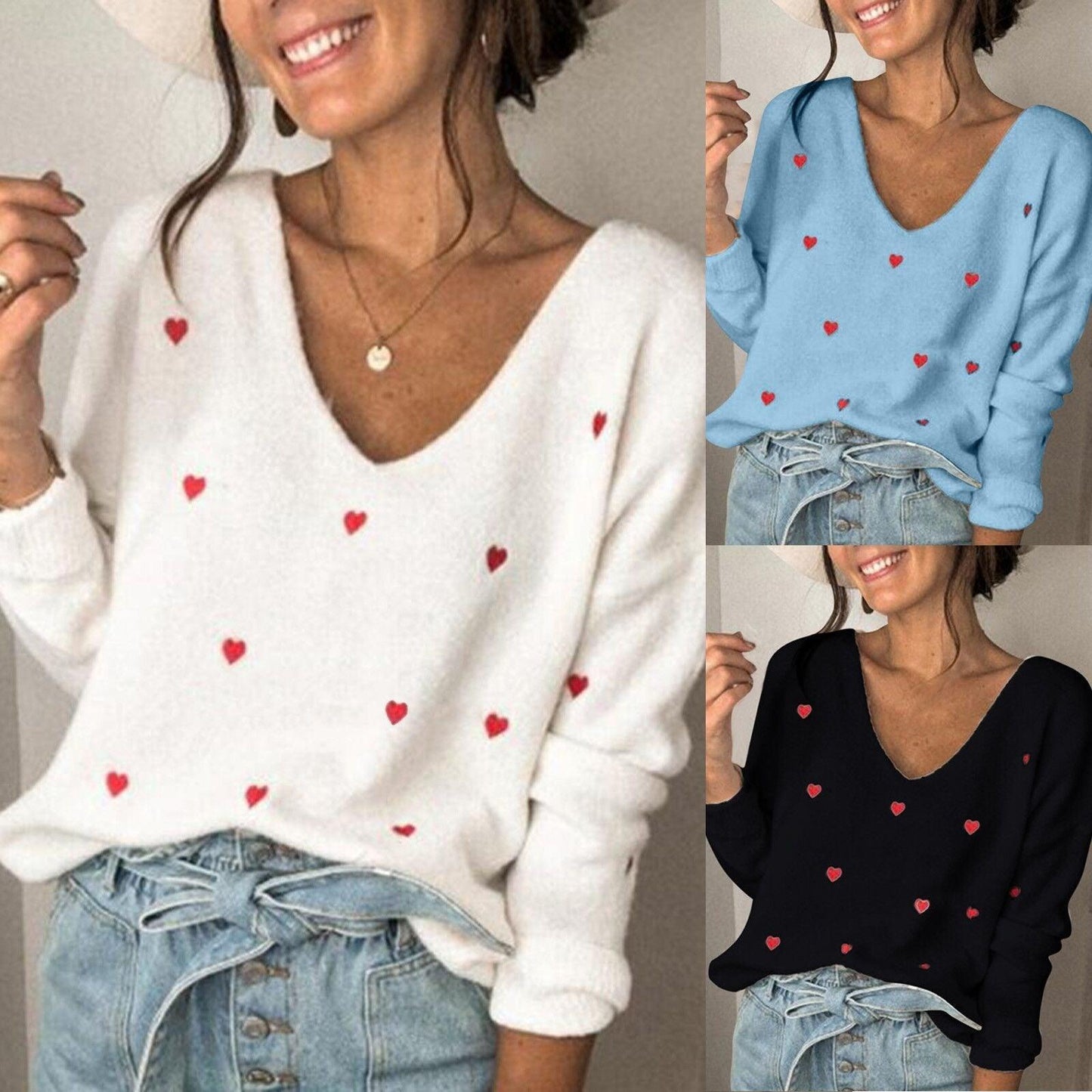 Heart Printed Pullovers Long Sleeve V Neck Sweater Tops - HEPSIBAH SHOP