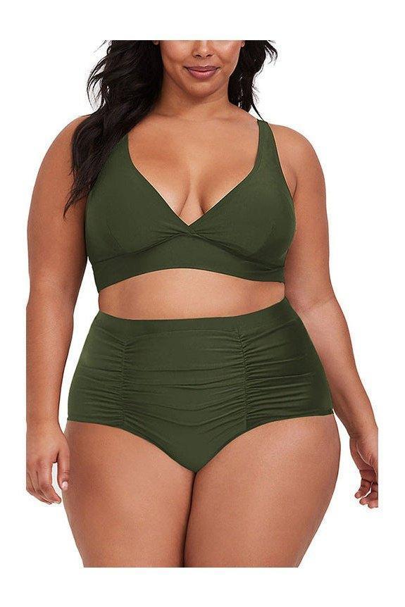 V-neck high waist pleated swimwear two piece set - HEPSIBAH SHOP