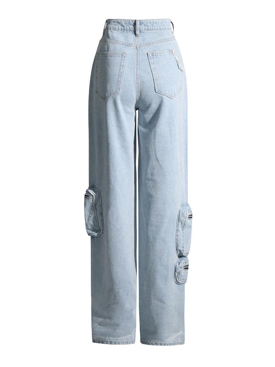 Vintage Light Blue Washed High-waisted Tooling Jeans For Women - HEPSIBAH SHOP