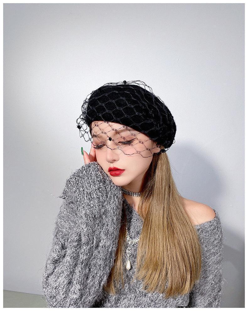 Vintage French Mesh Veil Pom Pom Versatile Wool Beret - HEPSIBAH SHOP