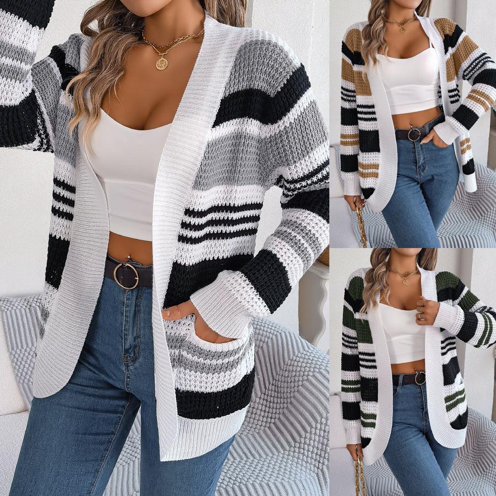 Contrast Color Striped Pocket Long Sleeve Sweater Cardigan - HEPSIBAH SHOP