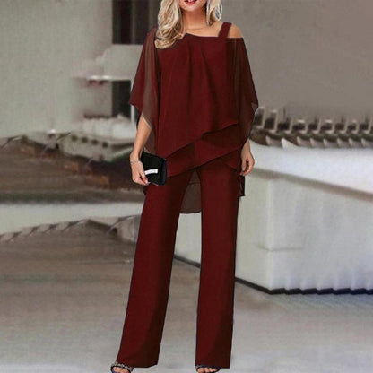 Solid Loose Irregular Suits Batwing Sleeve Top And Straight Trousers Outfits Womens Clothing - HEPSIBAH SHOP