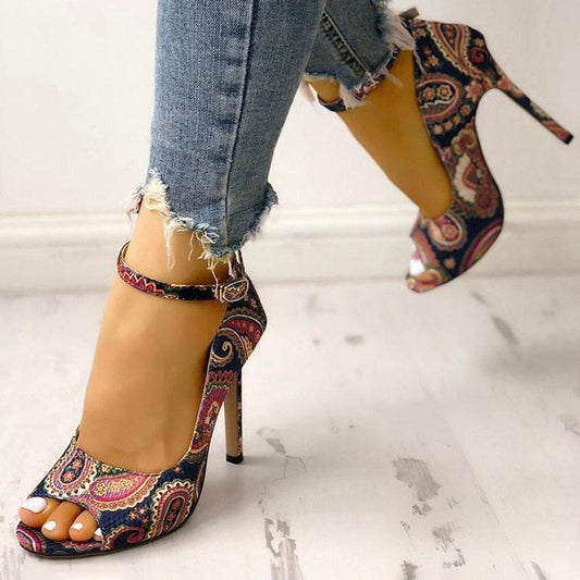 Printed toe buckle high heels - HEPSIBAH SHOP