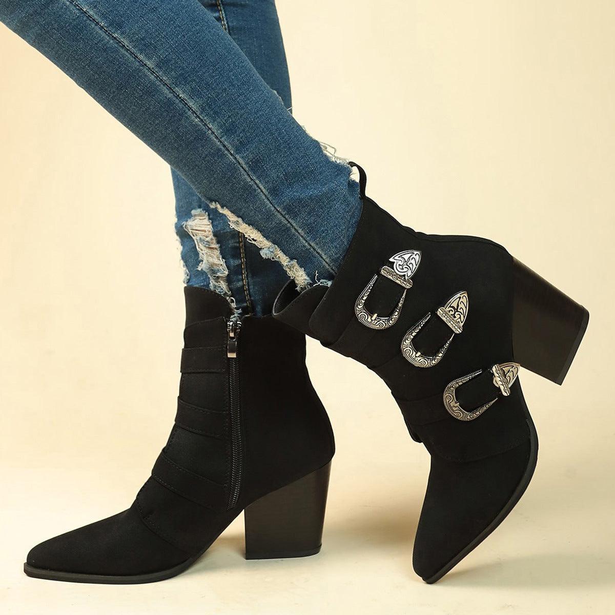 Chunky Heel Pointed Toe Mid-Calf Boots - HEPSIBAH SHOP