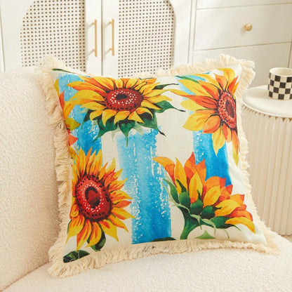 Tassel Sunflower Linen Printed Pillowcase Home Bedroom Bedside Soft Upholstery Pillow Home Couch