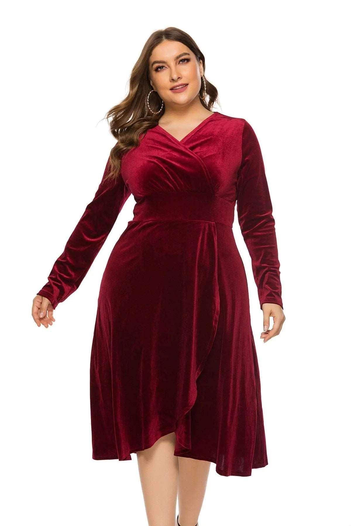 Women's Velvet Midi Dress Mid-Calf V-Neck - HEPSIBAH SHOP