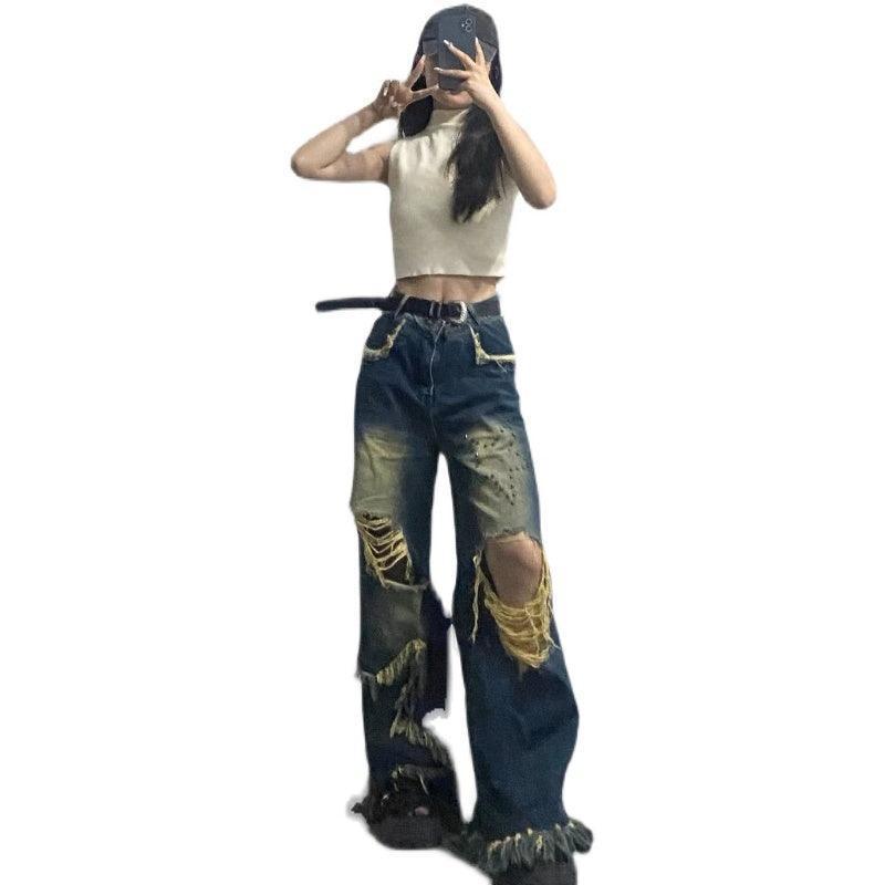 Oversized American Vintage Tassel Distressed Jeans - HEPSIBAH SHOP