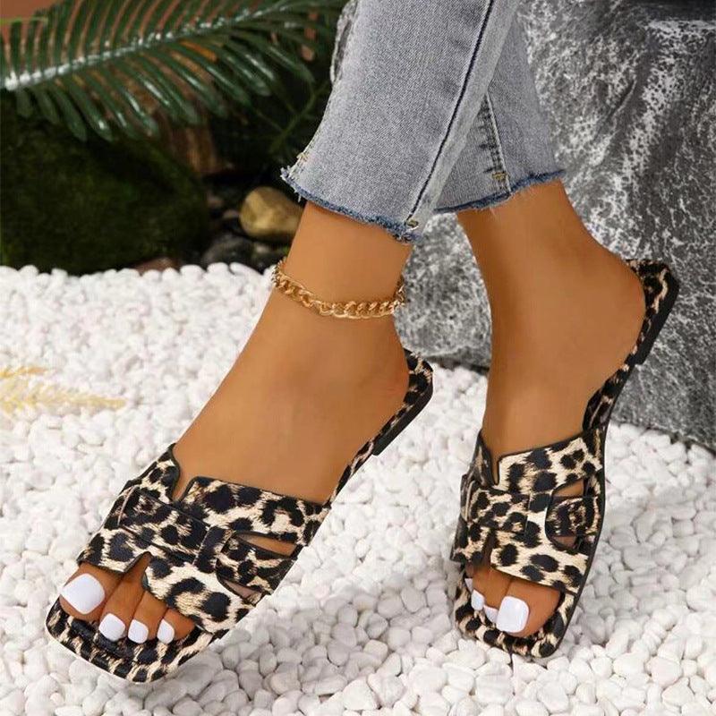 Plus Size Leopard Print Square Toe Slippers - HEPSIBAH SHOP