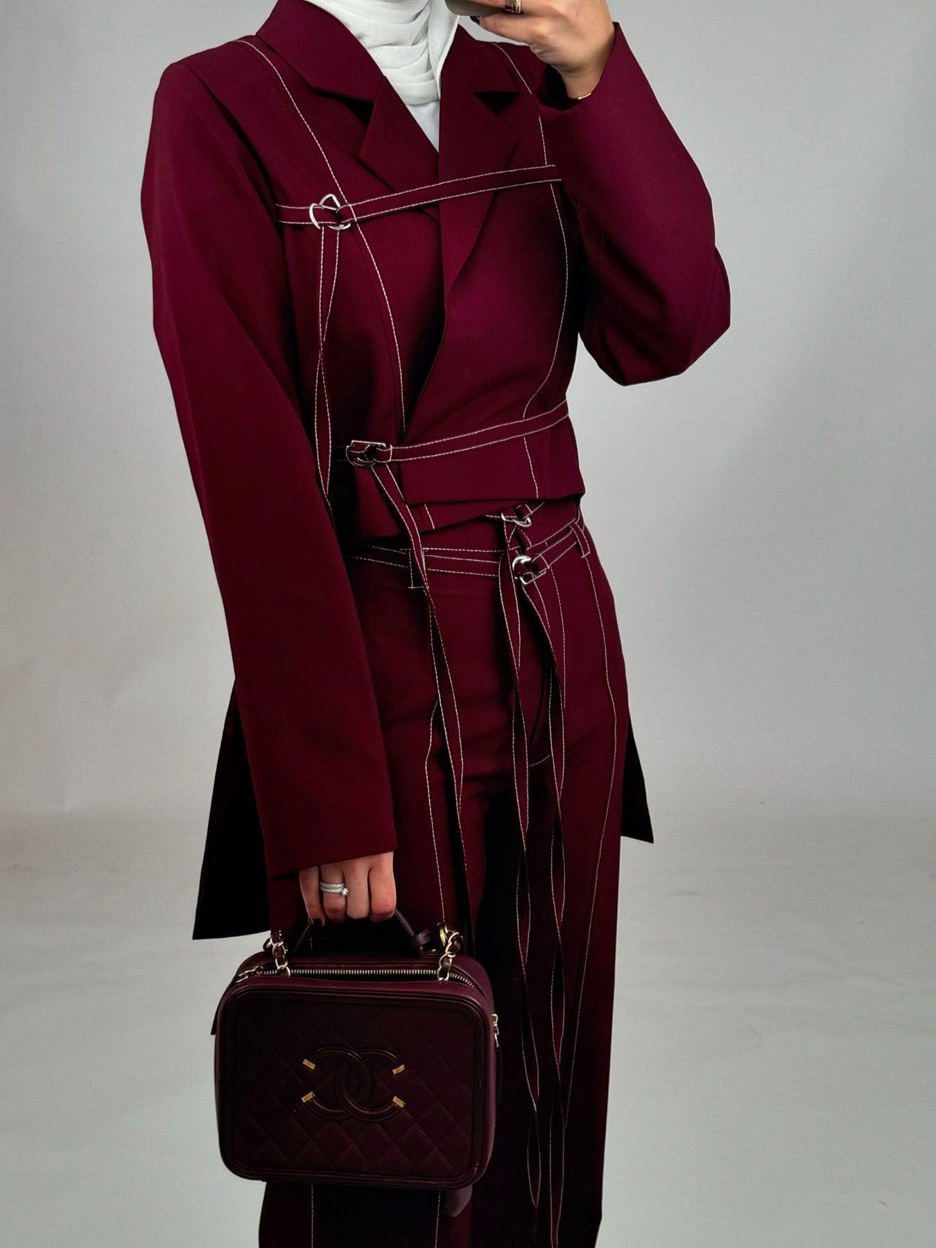 Burgundy Lace-up Top & High-waisted Pants Set - HEPSIBAH SHOP