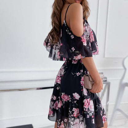 Flower Printed Ruffled Suspender Dress Summer Off-the-shoulder Strap Dresses Women - HEPSIBAH SHOP