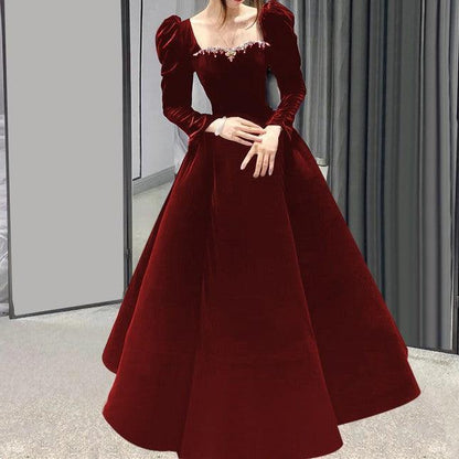 Atmospheric Red Long-sleeved Evening Dress - HEPSIBAH SHOP