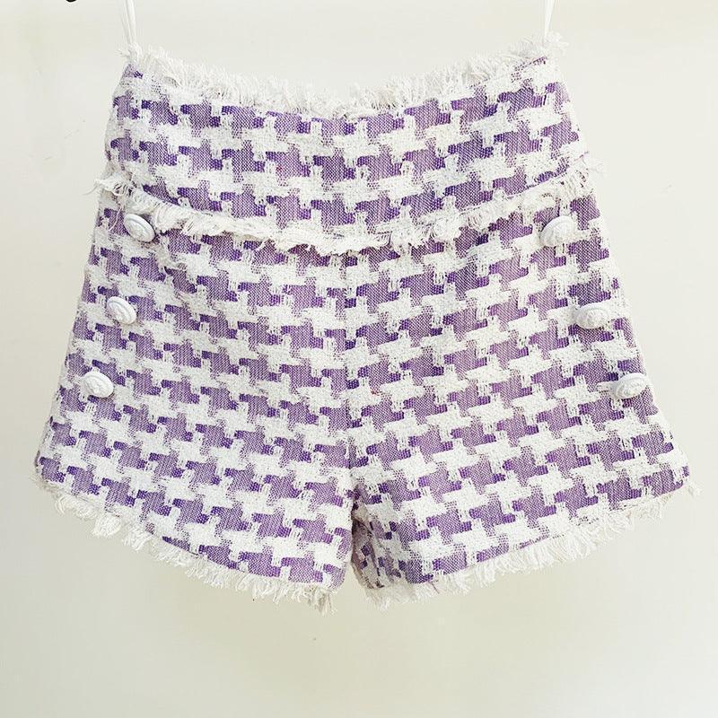 Women's Shiny Houndstooth Tweed Fringe Shorts - HEPSIBAH SHOP