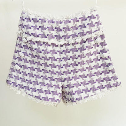 Women's Shiny Houndstooth Tweed Fringe Shorts - HEPSIBAH SHOP