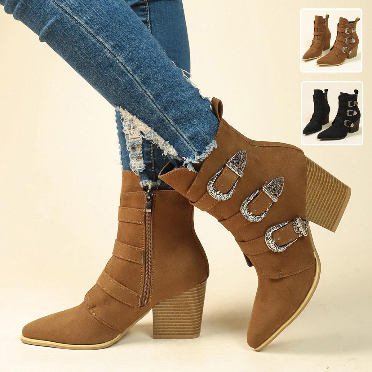 Chunky Heel Pointed Toe Mid-Calf Boots - HEPSIBAH SHOP