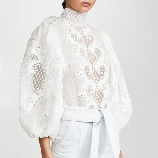 Spliced loose lantern sleeve lace shirt - HEPSIBAH SHOP