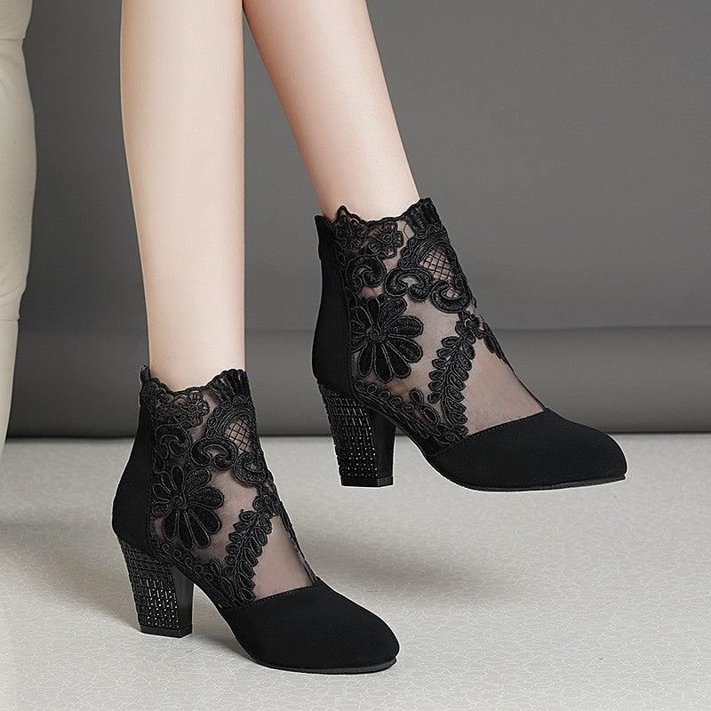 Women's Lace Mesh Chunky Heel Sandals - HEPSIBAH SHOP