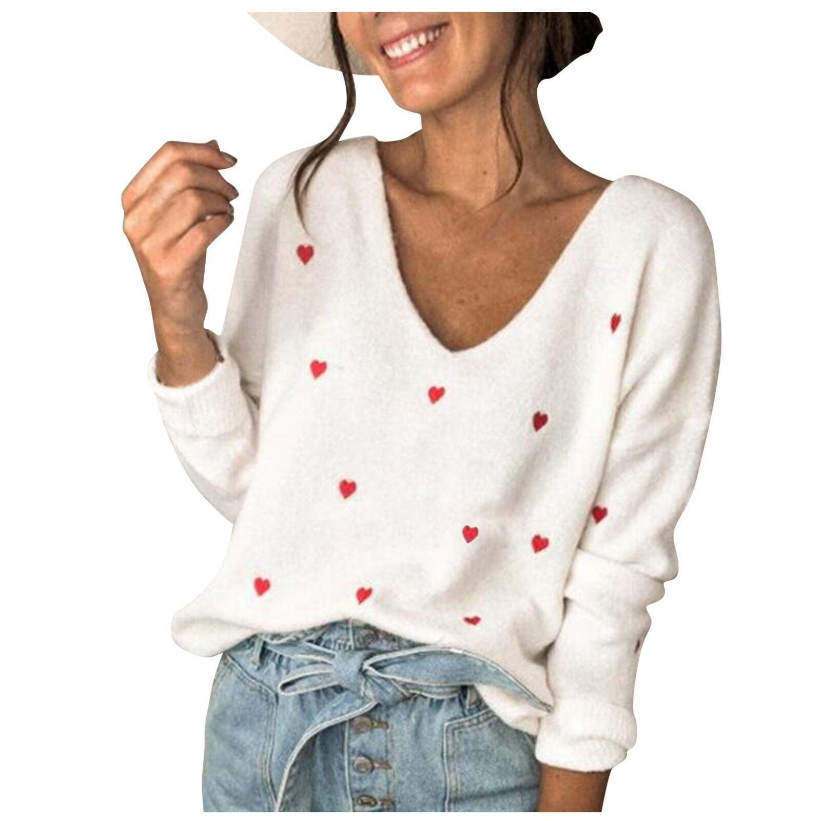 Heart Printed Pullovers Long Sleeve V Neck Sweater Tops - HEPSIBAH SHOP